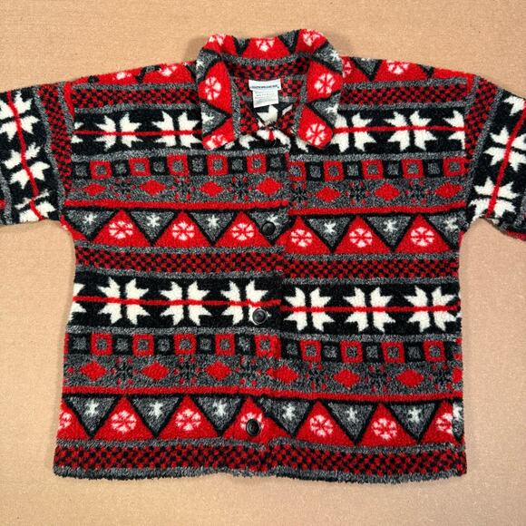 Vintage Red Black Snowflake Pattern Button Fleece Jacket Women’s Medium USA Made - Picture 2 of 8